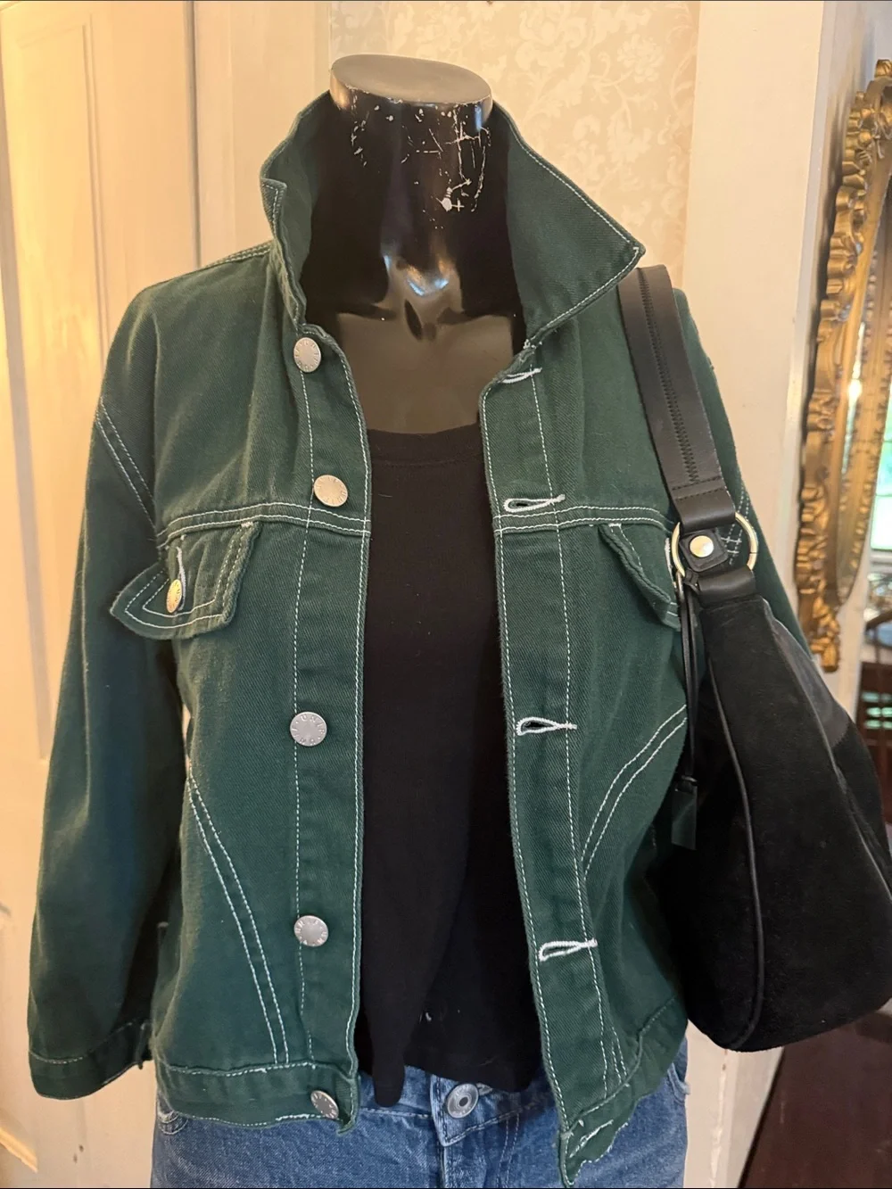 UNIF Green Denim Jacket Contrast White Topstitching Silver-Tone Buttons Small